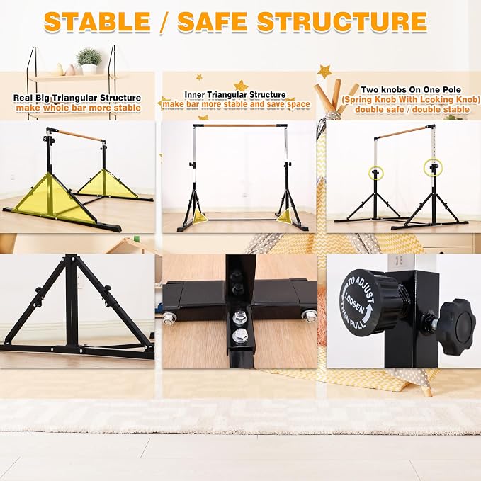 MARFULA 4FT/5FT Gymnastic Bar Set Gymnastics Kip Bar with 5 Ft Length 4Ft Inner Width 5ft Adjust Height Gymnastics Training Bar Equipment for Kids Professional Training Home and Club Use