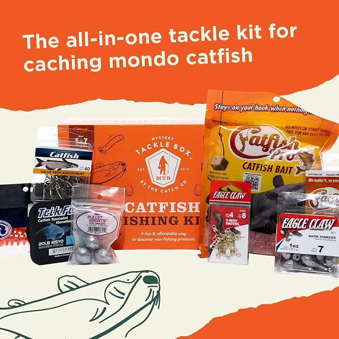 Catch Co Mystery Tackle Box Catfish Fishing Kit (5-7 Baits & Bonus Decal) | 5-7 Baits for Catfish - Includes Decal, Fishing Gifts, Fishing Gifts for Men