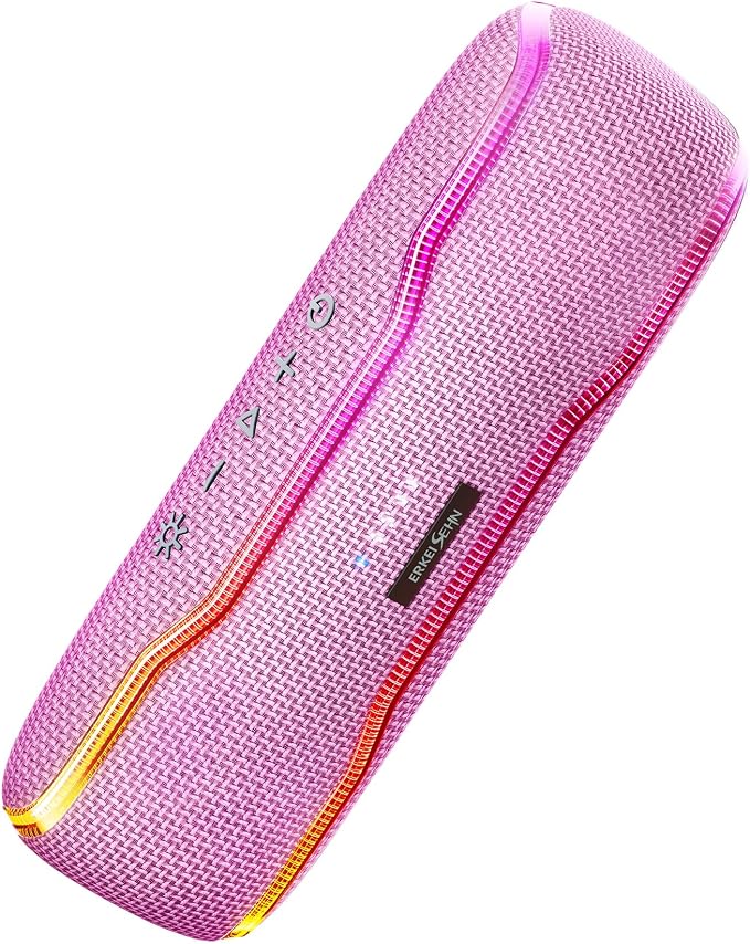 ERKEI SEHN Bluetooth Speaker, IPX7 Waterproof Wireless Speakers, Flashing Light, 25W Super Bass, 24H Playtime, Graduation Birthday Gifts for Him, TWS Pairing, Beach Essentials, Pink