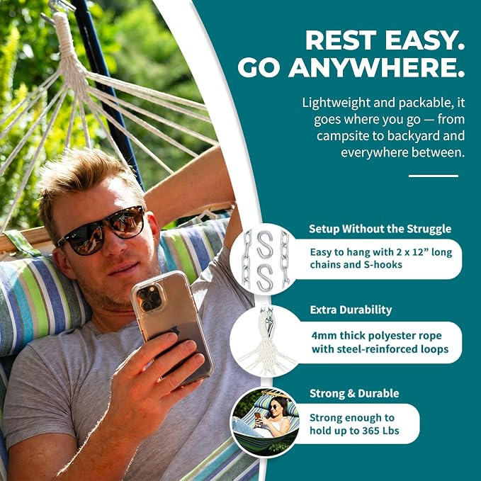 Bliss Hammocks BH-404G 48in Wide Caribbean Hammock w/Pillow, Poolside Patio Backyard Hammock, Includes Straps & Chains, Eco Friendly Polyester & Cotton Blend, 265 Pound Capacity, Candy Stripe