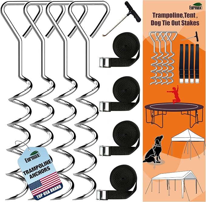 Eurmax USA 4-Pack Windproof Trampoline Stakes Anchor Kit-Steel Corkscrew Anchor,Heavy Duty Tie Down Kit with T-Hook&Reinforced Safety Straps,Secure Weatherproof Protection for Trampoline,Tent&Playset