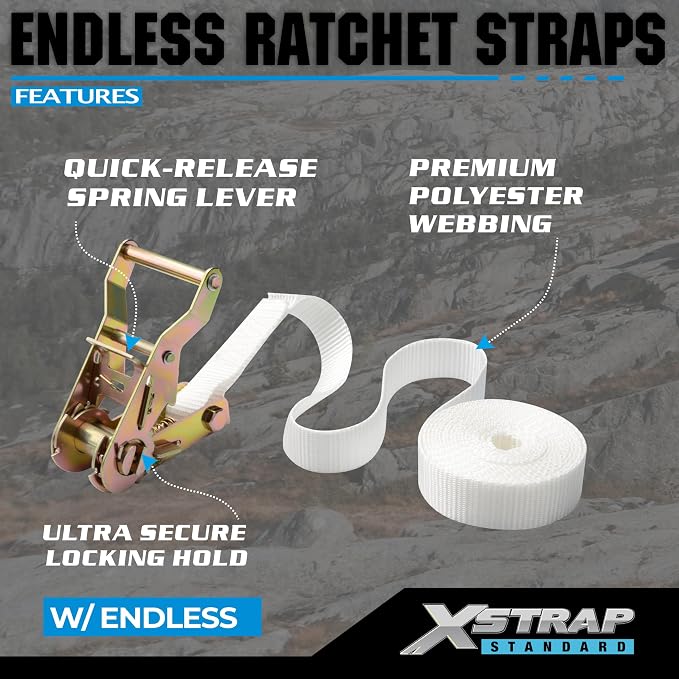 XSTRAP STANDARD 4PK 1" Endless Ratchet Straps - 2500lbs Breaking Strength Heavy Duty White Tent Securing Straps, Track Spring Fittings, 10ft Tie Downs for Tents/Trailers/Kayaks