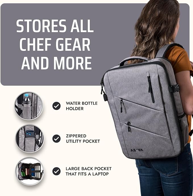 Asaya Chef Knife Backpack with 20-Pocket Knife Roll Bag - Over 30 Storage Pockets Chef Bag, Professional Backpack for Chefs and Culinary Students – Knives Not Included (Grey)