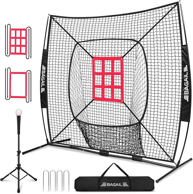 BAGAIL 7x7 ft Extra Large Baseball & Softball Training Net with Batting Tee, Heavy Duty Reinforced Steel Frame, Oversized Hitting Zone for All Levels, Portable Backstop with Carry Bag