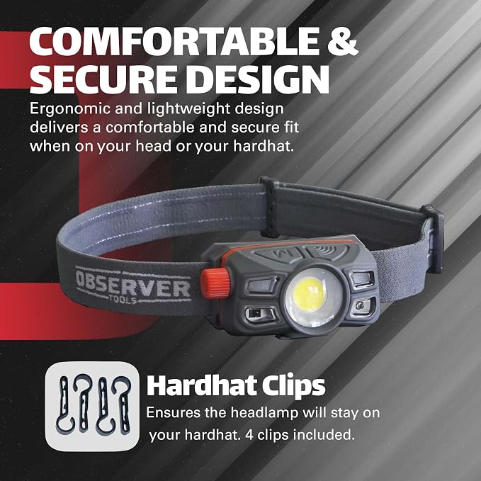 Observer Tools Rechargeable LED Headlamp Waterproof - Hiking Camping Outdoors Flashlight Head Lamp - Hard Hat Work Light w/Motion Sensor for Adults - Gift