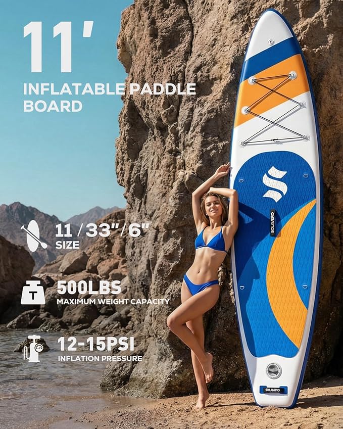 SOLAVERO Stand Up Paddle Board, 11‘ Inflatable SUP Supports 500LB - Wide Stable Board with Non-Slip EVA Deck for Adults & Youth of All Skill Levels