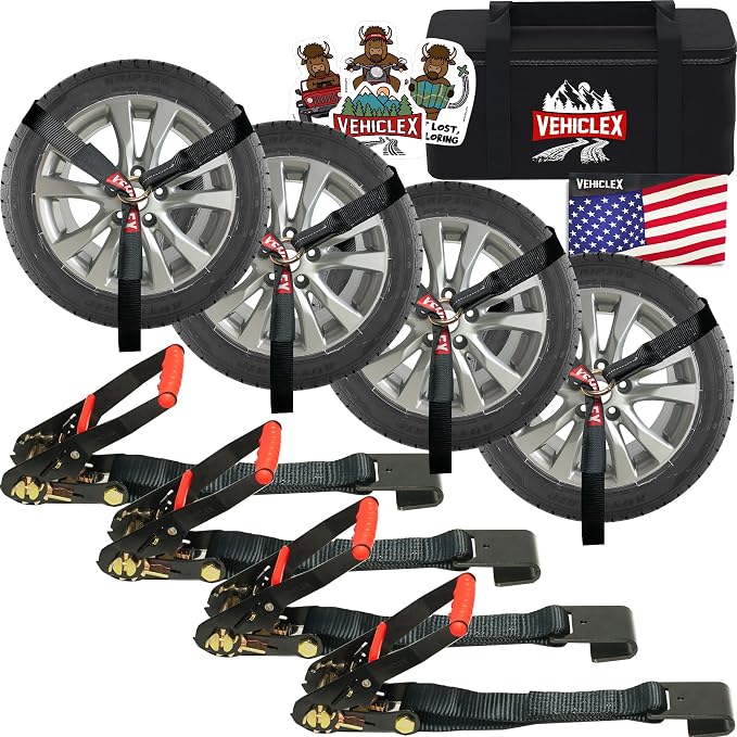 Vehiclex Lasso Wheel Tie Down Straps with Flat Hooks – 4 Pack 2" x 10' Ratchet Straps, 11023 lbs Break Strength for Car Haulers & Trailers