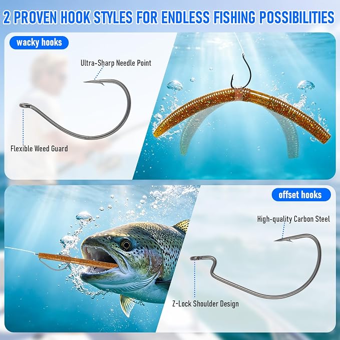 Wacky Worms for Bass Fishing, Fableblis 161Pcs 5.5" Soft Plastic Fishing Lures Kits, Fishing Worm Baits with Wacky Rig Tool, Thick O-Rings, Hooks, Weights, Complete Starter Kit for Freshwater Fishing