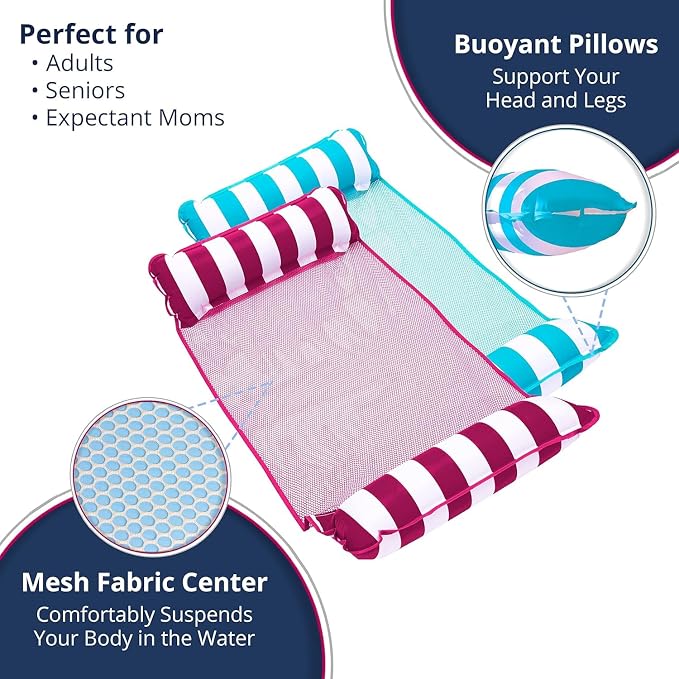 Aqua Monterey Hammock Pool Float - Three Pack - Two Light Blue & One Burgundy/White Stripe, 3-Pack