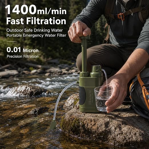 Hand Pump Water Filter, 0.01 Micron Portable Emergency Water Gear, 4-Stage Filtration System for Camping, Hiking, Fishing, Hunting & Outdoor Adventure