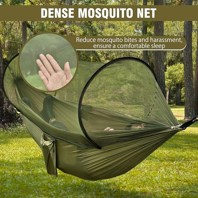 Camping Hammock with Mosquito Net, Lightweight Portable Double & Single Hammock Tent with 2 Tree Straps, Parachute Nylon Hammock for Outdoor Backpacking Beach Backyard Patio Hiking, Arm Green