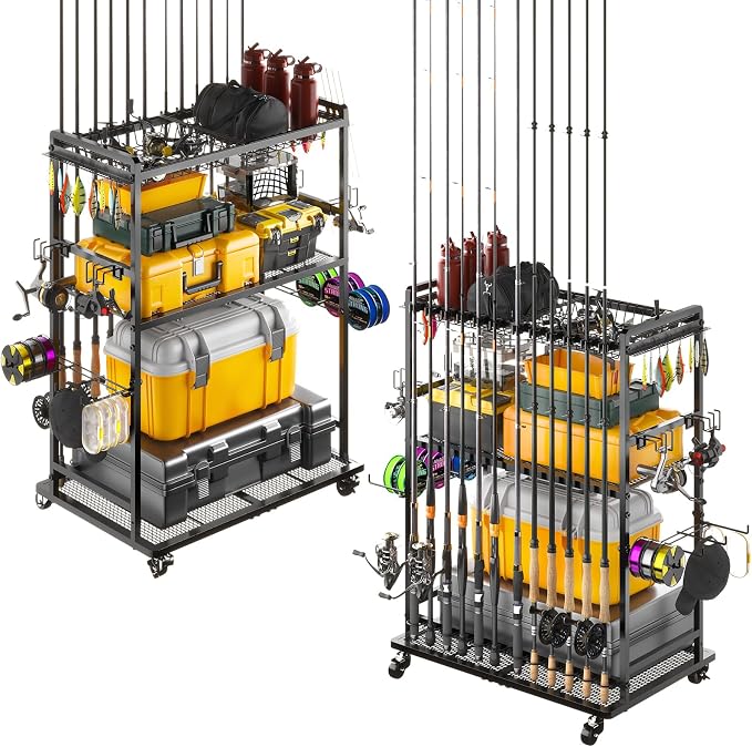 SOYEEZE Large Size Fishing Rod Holders for Garage, Heavy Duty 3-Tier Fishing Pole Rack Holds Up to 12 Rods, Fishing Gear Organizer with 2 Metal Baskets, Fishing Storage Cart with Lockable Wheels