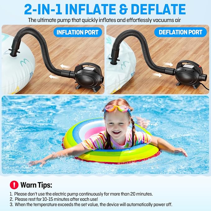 500W Electric Pump for Inflatables Portable Air Pump with Storage Bag,Quick-Fill Air Mattress Inflator Deflator Pump for Pool Floats Dock Raft and Gymnastics Mat with 4 Nozzles