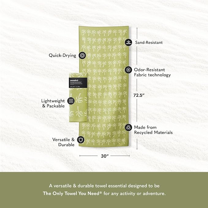Nomadix Original Towel - Perfect for Beach, Pool, Travel, Camping, Yoga - Made with Recycled Materials - Super Absorbent - Sand Resistant - Breezy Palms Olive - 72.5x30
