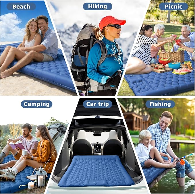 Toncoke 5.1" Thick Double Sleeping Pad with Foot Pump & Pillow, 77.5x53.9 2-Person Air Mattress for Camping, Ultralight & Compact for Backpacking, Hiking, Car Travel Navy Blue