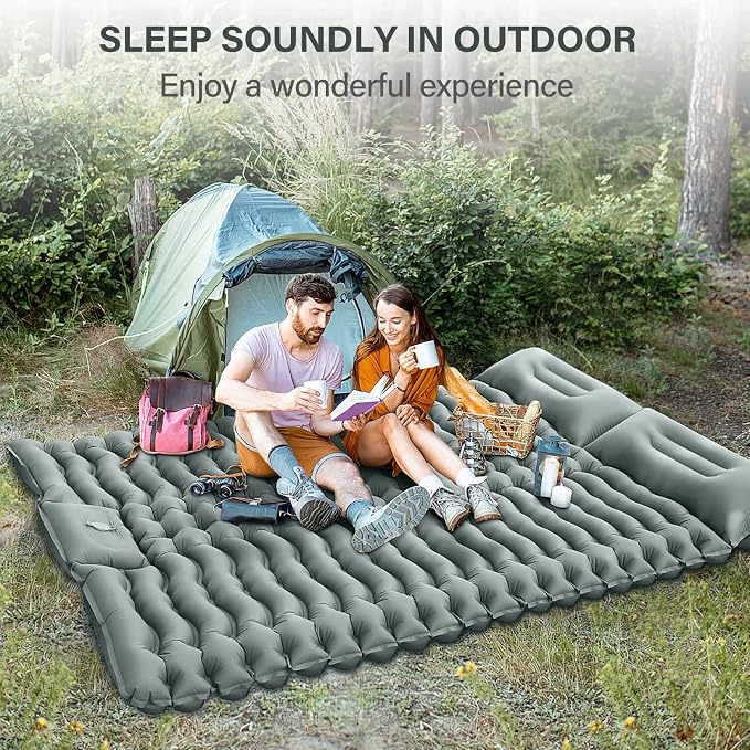 Yuzonc Double Camping Sleeping Pad – 4" Ultra-Thick Foot-Pump Design, Lightweight 2-Person Inflatable Sleeping Mat with Pillow for Backpacking, Hiking, Travel, Tent – Gray