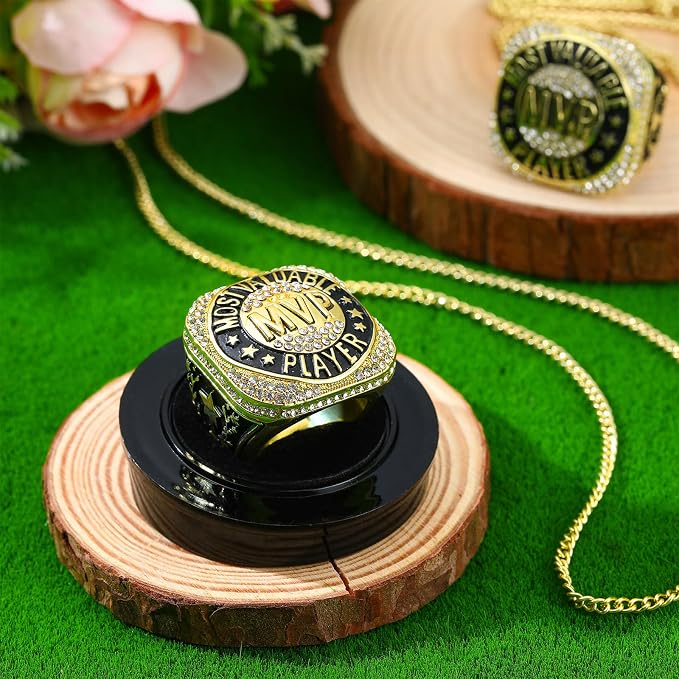 Highergo 10 Pcs Basketball Softball Baseball MVP Dancer Champion Trophy Ring with Display Stand Star Football Soccer Volleyball Golf Cheerleading Bowling Track Field