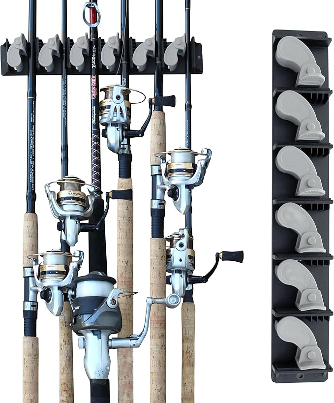 Rush Creek Creations 6-Rod Vertical Fishing Rod Holder for Garage, Heavy-Duty ABS Plastic Wall Mount Fishing Rod Rack, Securely Holds up to 6 Rods or Combos