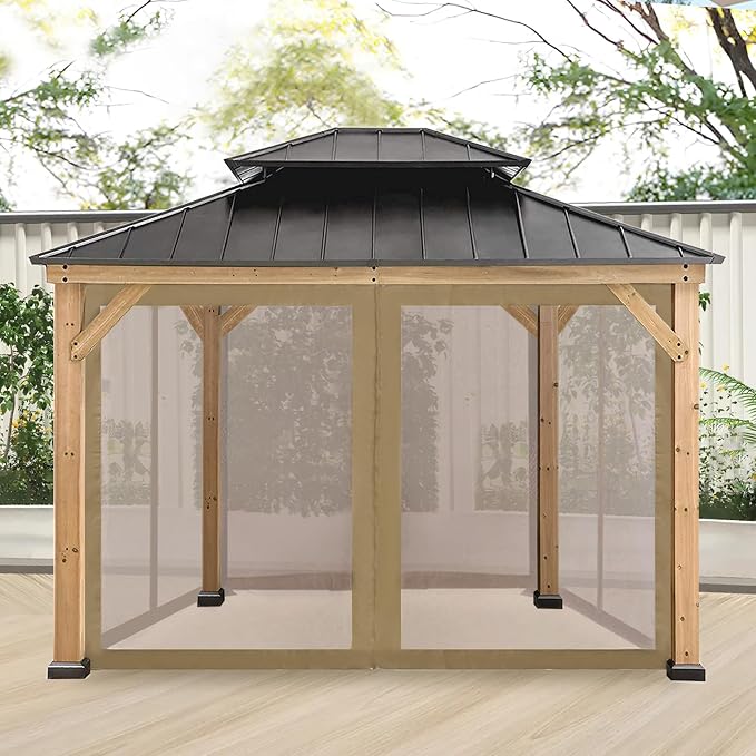 Coastshade Gazebo Canopy Mesh Walls Replacement 8x8 Gazebo Pergola Mosquito Screen Netting for Gazebos with 42Curtain Rings & 42Rail Hooks,Khaki