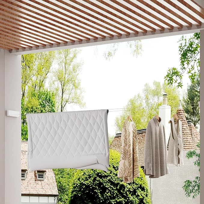 Retractable Clothesline Indoor, Non-Sagging Clothes line retracting Outdoor, Heavy Duty Wall Mounted Laundry Line Adjustable Stainless Steel for Laundryroom, Bathroom, 15.8 Feets Double Lines White
