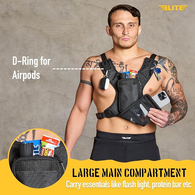 Elite Sports Running Vest w/Phone Holder for Men/Women, Reflective Lightweight Chest Pack w/Touch Friendly Phone Sleeve, Camera Pocket - Chest Rig for Hiking, Trail, Marathon, Camping