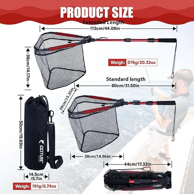 Goture Floating Fishing Net with Assist Handle, Aluminum Alloy Fixed or Telescoping Pole Handle, PVC Coated Nylon Mesh, Foldable Fish Landing Net, Carry Bag for Kayak, Fly, Bass, Trout Fishing