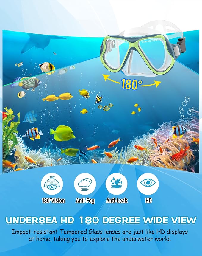 Greatever Snorkeling Gear for Adults, Dry Snorkel Set Panoramic View Snorkel Mask, Anti-Leak Anti-Fog Scuba Diving Swimming Mask with Adjustable Strap and Travel Mesh Bag