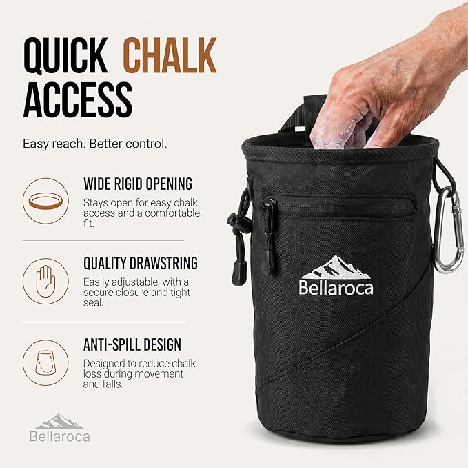 BELLAROCA® Chalk Bag and Bouldering Brush for Rock Climbing – Waterproof Climbing Set with Ergonomic Design, Adjustable Belt and Carabiner