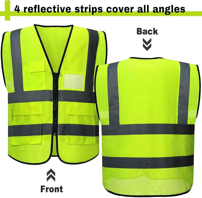 Newcotte 15 Pack Safety Vests Bulk Yellow Reflective High Visibility Vest with Mesh Pocket Zipper, Hi Vis Silver Strip for Men, Neon