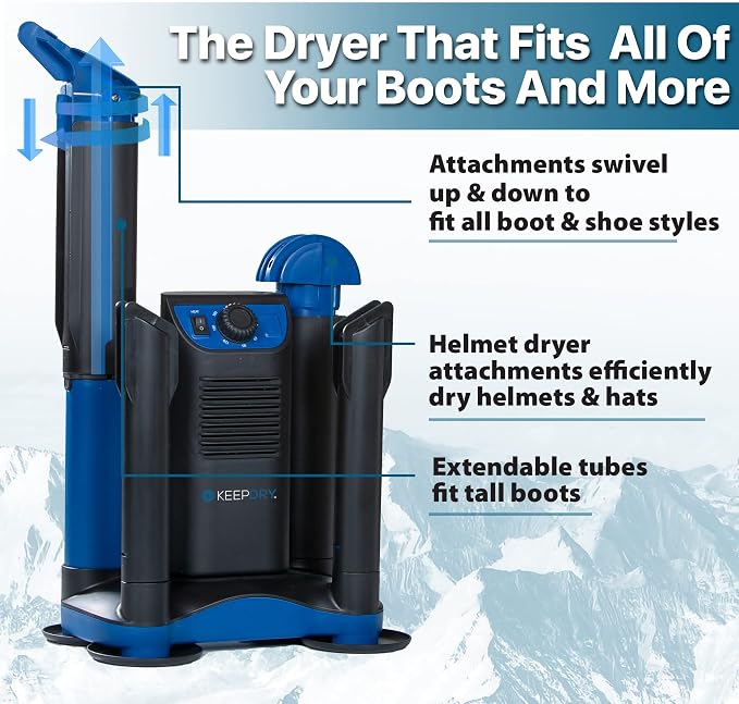 KeepDry Forced Heat Boot Dryer - Heavy Duty Shoe Dryer with Heat Switch & Timer - Quickly Dry Garments - Collapsible Drying Tubes
