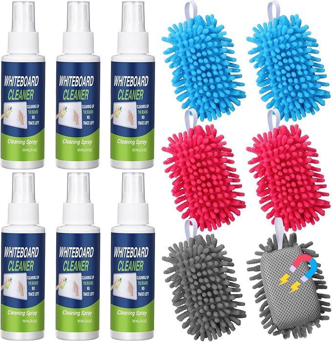 Fuyoooo 6 Pack Whiteboard Cleaner 3.4 Fl oz White Board Cleaning Spray Dry Erase Board Cleaner with Microfiber Shag Whiteboard Eraser Removes Stubborn Marks from Chalkboard(Magnetic)