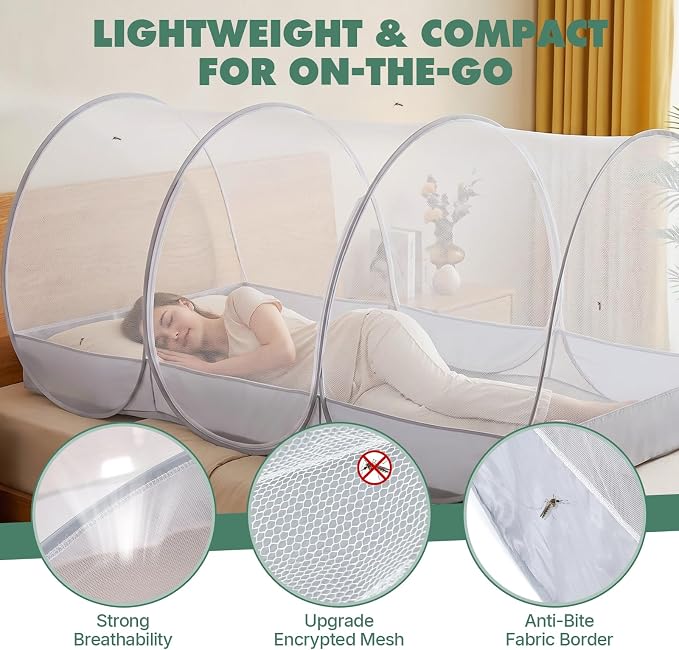 Orzbow Large Mosquito Net | Portable Pop Up Mosquito Tent for Insect, Fly & Bug Protection with Charging Cable Access and Storage Pocket for Bed, Camping, Beach, Travel, Outdoor, 74.8" x 35.4" x 33.4"