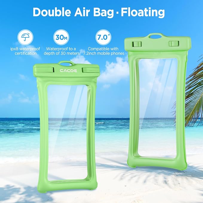 CACOE [Floatable] Floating Universal Waterproof Phone Case 2 Pcs-Up to 7.0",Phone Pouch with Adjustable Neck Lanyard,IPX8 Cellphone Dry Bags for Beach Pool Swimming（Black+Dark Green）