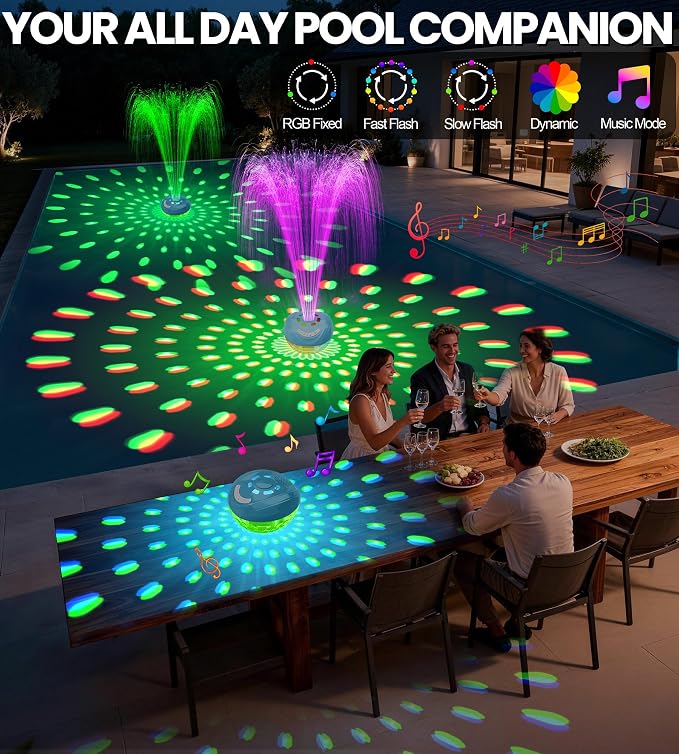 FluSing 3 in 1 Pool Fountain with Bluetooth Pool Speaker,Rechargeable Floating Pool Fountain with Light,Pool Water Fountain Pump IP68 Waterproof Pool Speaker,BT5.4,Above Ground Pool Fountain-LightBlue