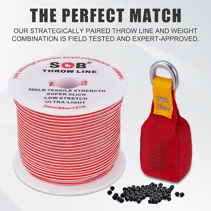SOB Arborist Throw Line Kit with Slick Rope 197FT, Throw Weight, Reflective Storage Bag, Suit for Tree Cutting,Camping, Trimming, Hanging Swing ﻿