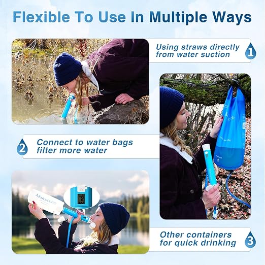 Water Filter Straw with LED Filtration Progress Display, 0.1 Micron Portable Purifier for Hiking, Camping, Backpacking & Emergency Survival, Real-Time Indicator Removes Contaminants