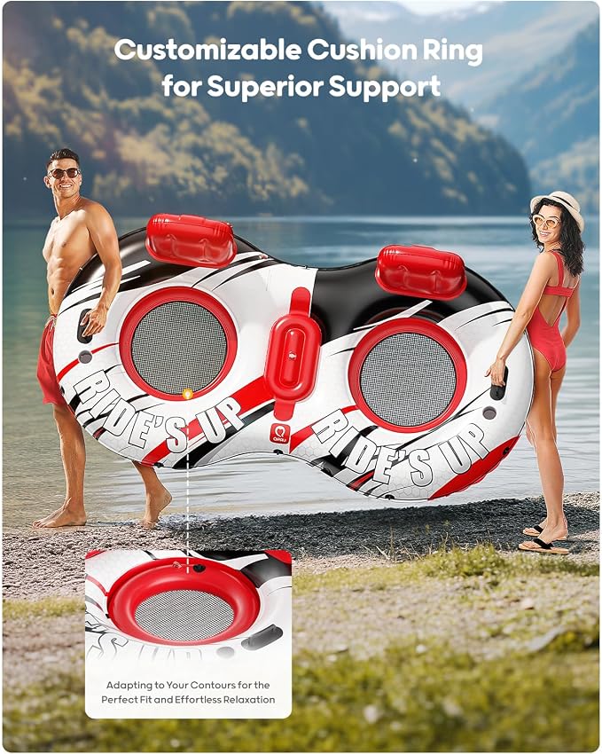 QPAU Inflatable Double River Tube, 2 Person 660lb Capacity, Puncture-Resistant 93" Sturdy Heavy Duty River Float, River Raft with Ergonomic Backrest, Cooler & Cup Holders for Family