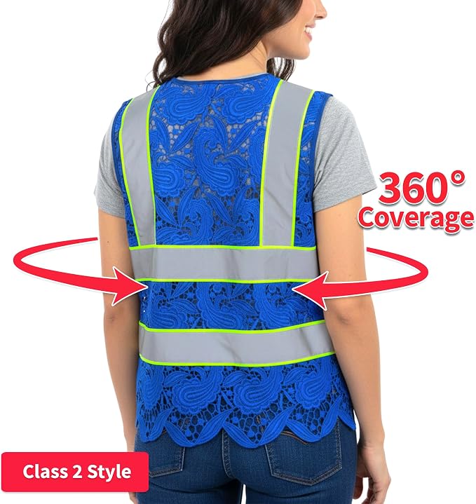 Lace-Mesh Safety Vest for Women & Men - Breathable, High Visibility Vest with Zipper & ANSI Class 2 Reflective Strips
