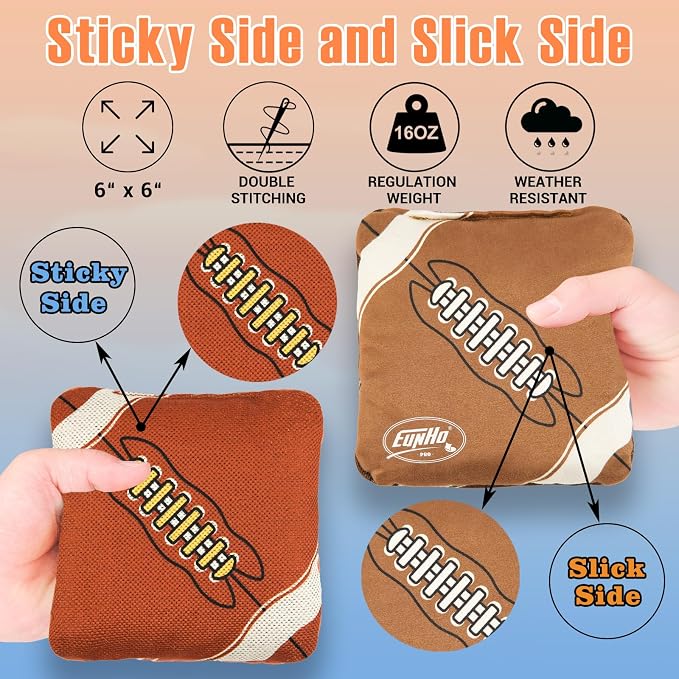 EunHo Regulation Cornhole Bags Set of 8 - Dual Sided Slick and Stick Cornhole Bean Bags for Tossing Game Professional All Weather Pro Corn Hole Bags with Tote Bag