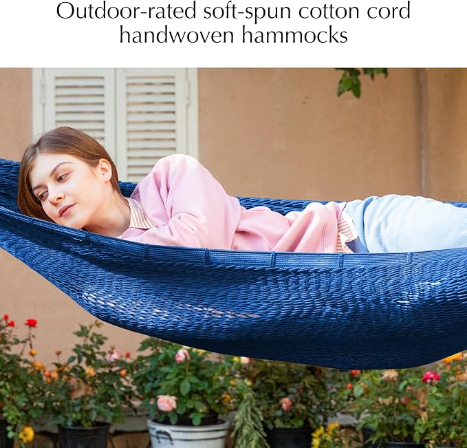 PNAEUT Handwoven Mayan Hammock, Thick Soft Rope Double Hammock for Outdoor Outside & Indoor, 600 lbs Capacity Heavy-Duty, Includes Tree Straps, Carabiners & Carrying Bag (Navy Caribe, X-Large)