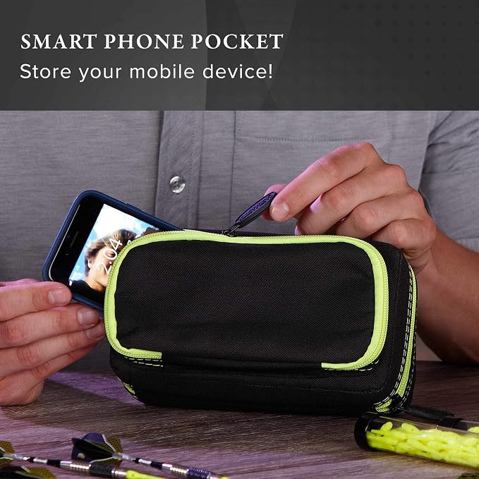 Casemaster Plazma Pro, 6 Dart Case for Soft and Steel Tip Darts, Features Large Front Mobile Device Pocket, Built-In Storage Tubes and Pockets for Flights, Tips, Shafts, and Personal Items