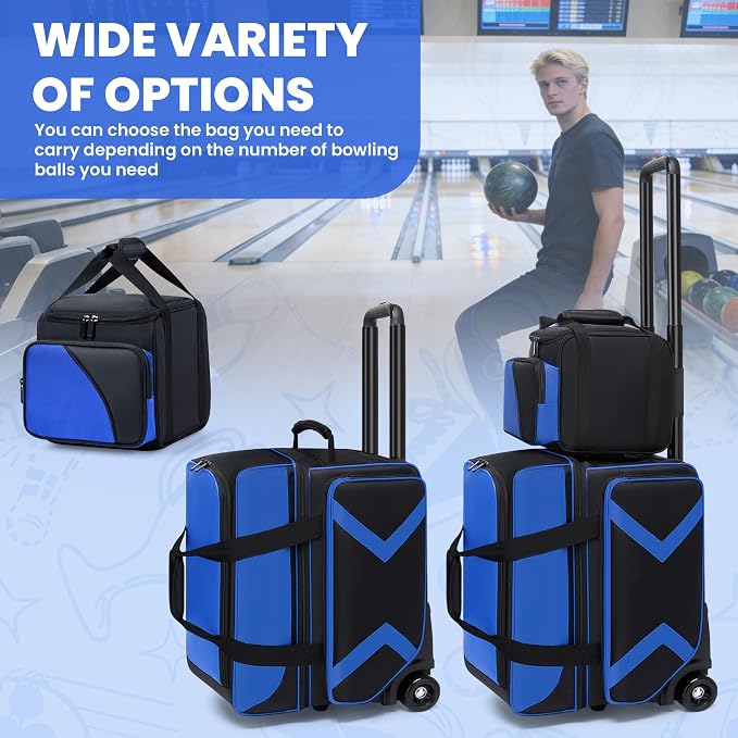 3 Ball Bowling Bag with Wheels, Rolling Bowling Bag 3 Ball Roller with Multi-pocket & Shoe Compartment (Up To US Men Size 16), 2 Ball Bowling Roller Bag PLUS 1 Ball Tote