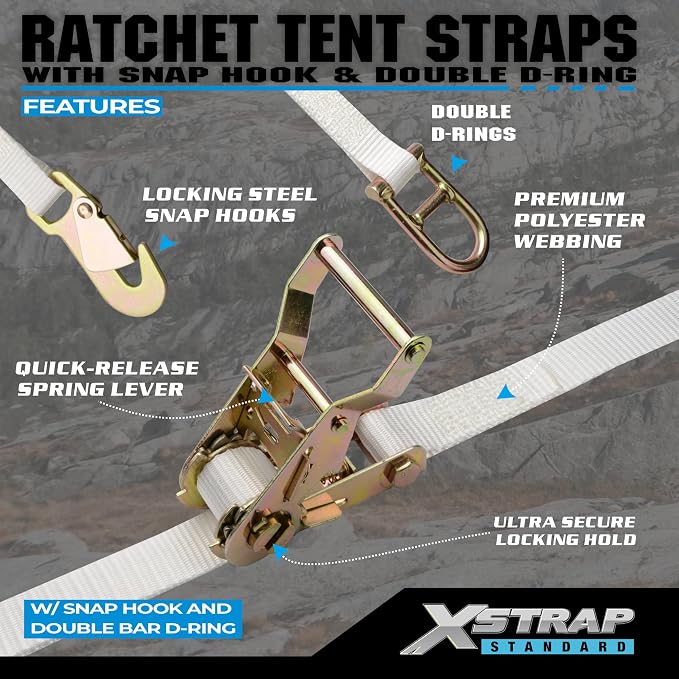 XSTRAP STANDARD 4PK 1" Ratchet Tent Straps with Snap Hook & Double D-Ring - 12ft Heavy Duty Tie Downs for Canopies, Tents, Inflatables, Camping, Event