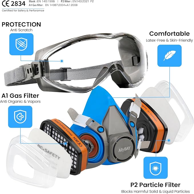 Reusable Respirator Mask with A1 & P2 Filters for Dust,Gas,Painting, Woodworking, Sanding, Construction,Clearning