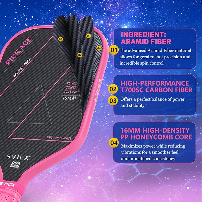 Carbon Fiber Pickleball Paddle 16mm – Professional Pickleball Paddles with Superior Control, Power & Spin – Extended Handle for Two-Handed Grip, USAPA Approved