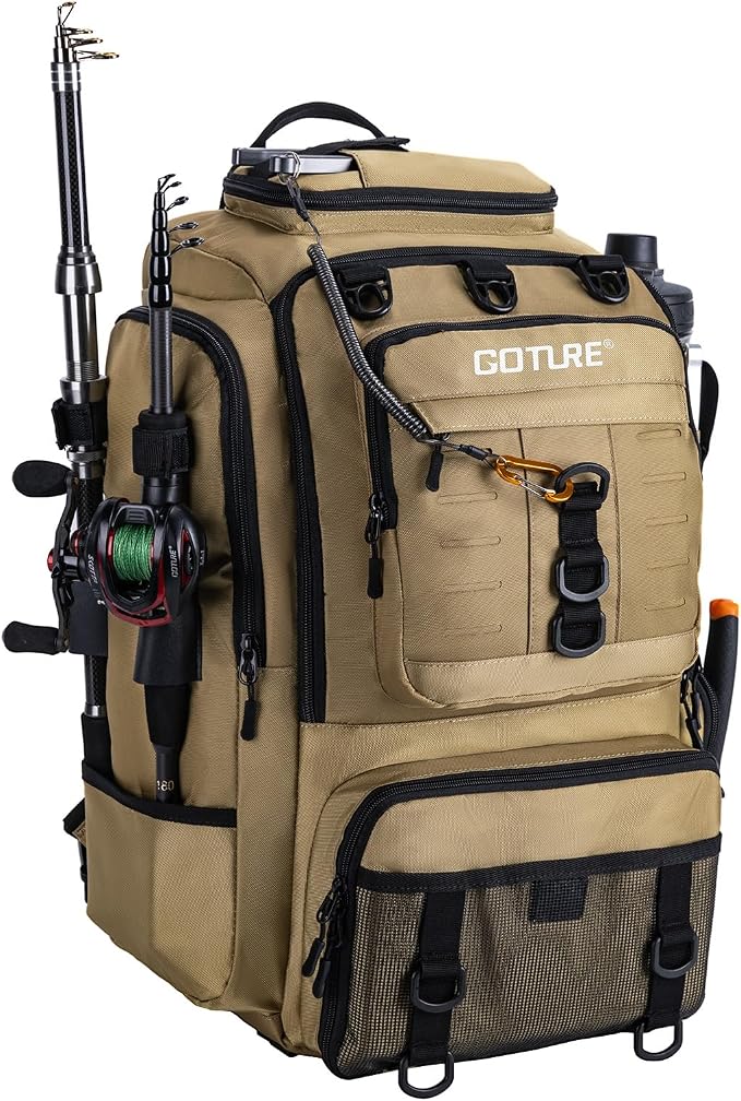 Goture 40L Fishing Tackle Backpack Khaki, Water-Resistant Fishing Bag with Cooler Compartment & Rain Cover for Saltwater