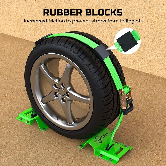 Trekassy Wheel Chock Tie-Down Kit with Rubber Blocks, (4,500lb Break Strength) Heavy Duty E Track Trailer Tire Straps for ATV, UTV, Lawn Mower- 2 Pack