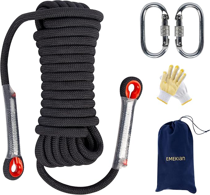 Indoor Outdoor Climbing Rope, 10/12/14mm (32FT/49FT/65FT/98FT) Static Rock Climbing Rope for Escape Rope, Ice Climbing Equipment, Fire Safety Rescue Rope, with Non Slip Gloves