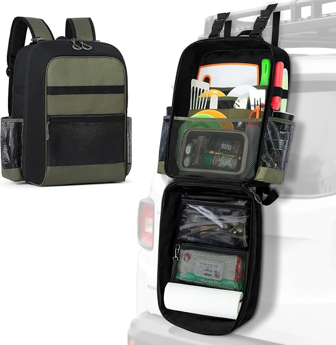 Marscamd Camp Kitchen Organizer Backpack with Paper Towel Holder, Hanging Camping Utensil Storage Bag with Multi Pockets for Camping Utensils, Barbecue Tool, Bag Only, Black