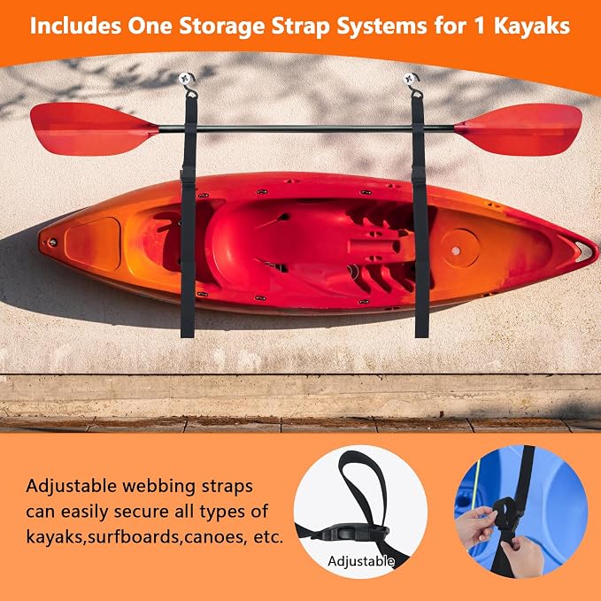 Kayak Storage Strap,Kayak Hanging Straps 1in/1.5in Wide,Adjustable Kayak Wall Mount Straps,Kayak Storage Strap System With Paddle Loops for Hanging 1or 2 Kayak,Paddle Board,Surfboard,Canoe(2/4 Pack)
